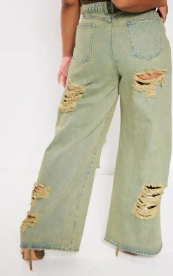 Plus Khaki Distressed Washed Denim Jeans