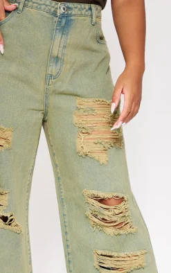 Plus Khaki Distressed Washed Denim Jeans