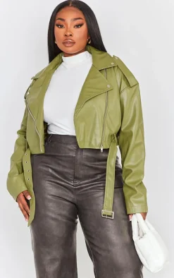 Plus Khaki Faux Leather Biker Jacker