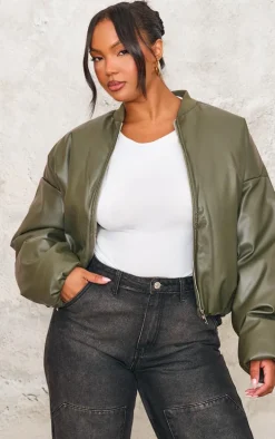 Plus Khaki Faux Leather Oversized Bomber Jacket