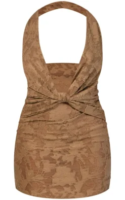 Plus Khaki Floral Sheer Burnout Knot Cowl Bodycon Dress