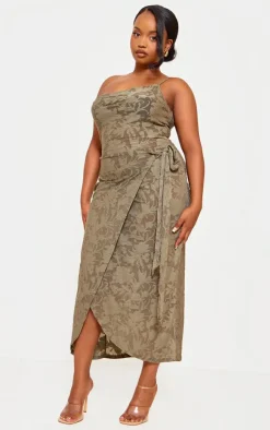 Plus Khaki Floral Tie Side Midi Dress