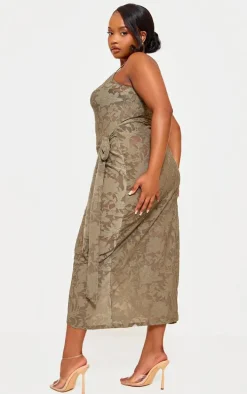 Plus Khaki Floral Tie Side Midi Dress