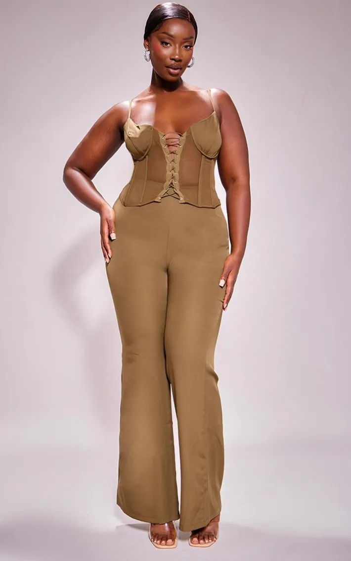 Plus Khaki Lace Corset Detail Jumpsuit