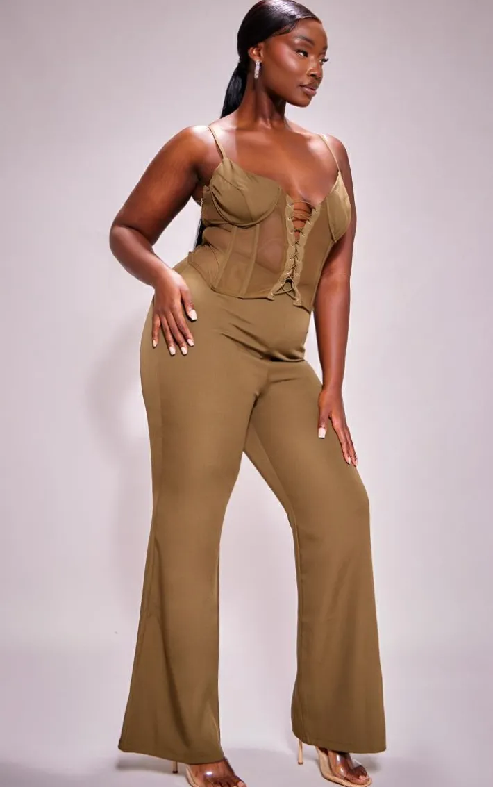 Plus Khaki Lace Corset Detail Jumpsuit