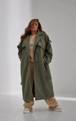 Plus Khaki Oversized Double Breasted Military Trim Coat