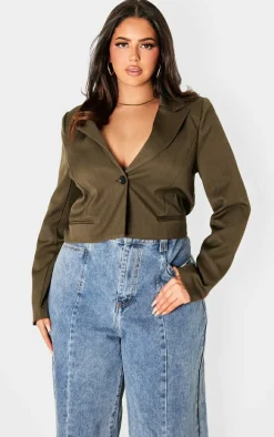 Plus Khaki Patch Pocket Cropped Detail Boxy Blazer