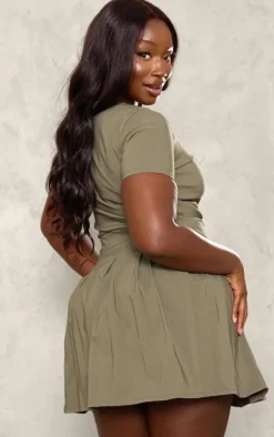Plus Khaki Pleat Hem Detail Tailored Mini Dress