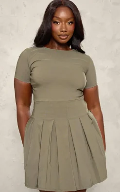 Plus Khaki Pleat Hem Detail Tailored Mini Dress