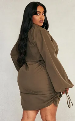 Plus Khaki Plunge Ruched Tie Cuff Shirt Bodycon Dress
