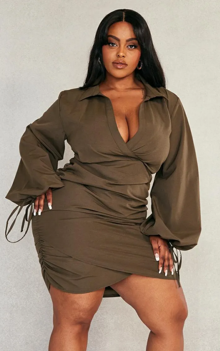 Plus Khaki Plunge Ruched Tie Cuff Shirt Bodycon Dress