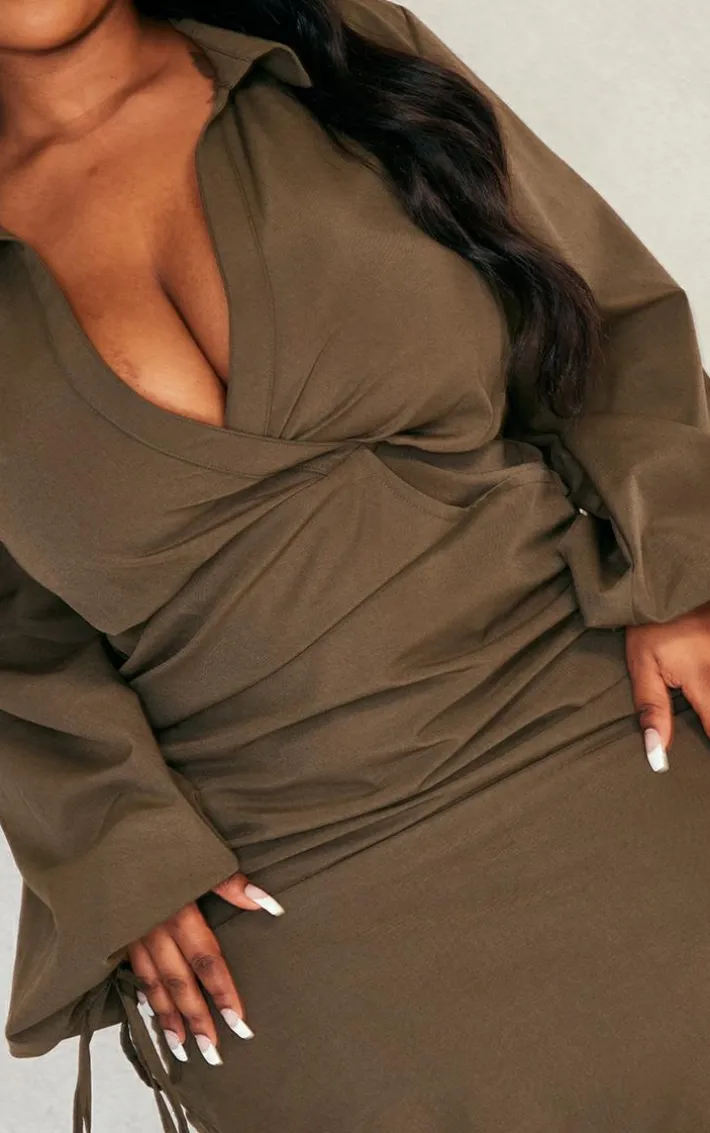 Plus Khaki Plunge Ruched Tie Cuff Shirt Bodycon Dress