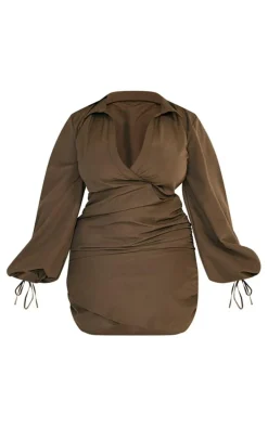 Plus Khaki Plunge Ruched Tie Cuff Shirt Bodycon Dress
