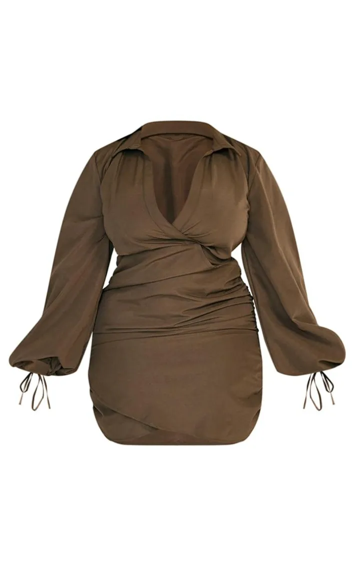Plus Khaki Plunge Ruched Tie Cuff Shirt Bodycon Dress