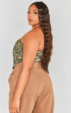 Plus Khaki Printed Lace Up Side Bandeau Crop Top