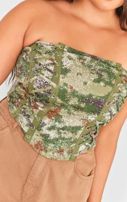 Plus Khaki Printed Lace Up Side Bandeau Crop Top