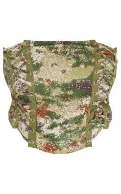 Plus Khaki Printed Lace Up Side Bandeau Crop Top