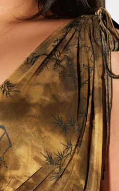 Plus Khaki Printed Mesh Plunge Neck Mini Dress