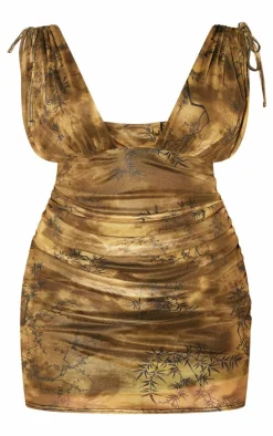 Plus Khaki Printed Mesh Plunge Neck Mini Dress