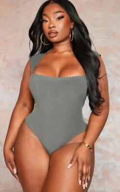 Plus Khaki Rib Cut Out Bodysuit