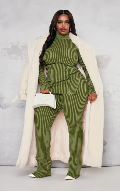 Plus Khaki Rib Knitted Pants