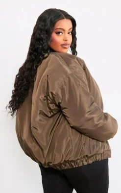 Plus Khaki Ribbed Neck Bomber Jacket