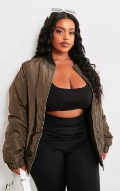 Plus Khaki Ribbed Neck Bomber Jacket