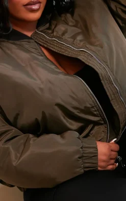 Plus Khaki Ribbed Neck Bomber Jacket