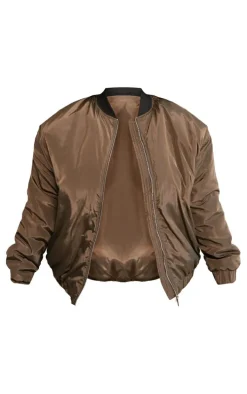 Plus Khaki Ribbed Neck Bomber Jacket