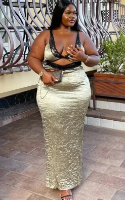 Plus Khaki Satin Lace Detail Cut Out Maxi Dress