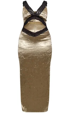 Plus Khaki Satin Lace Detail Cut Out Maxi Dress