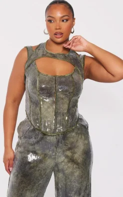 Plus Khaki Sequin Cut Out Neckline Detail Corset