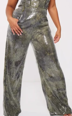 Plus Khaki Sequin Wide Leg Pants