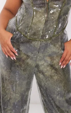 Plus Khaki Sequin Wide Leg Pants