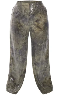 Plus Khaki Sequin Wide Leg Pants
