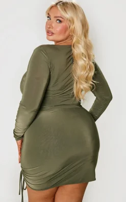 Plus Khaki Soft Touch Ruched Side Detail Mini Dress