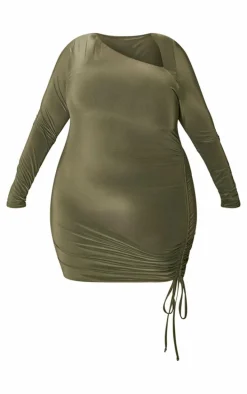 Plus Khaki Soft Touch Ruched Side Detail Mini Dress