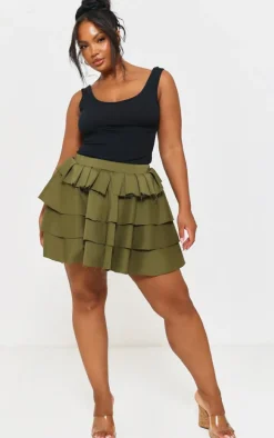 Plus Khaki Stretch Woven Tiered Mini Skirt