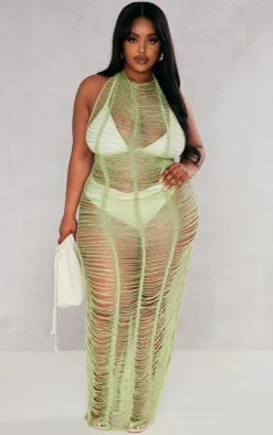 Plus Khaki Tassel Knit Beach Dress