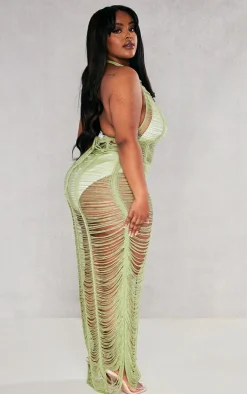 Plus Khaki Tassel Knit Beach Dress