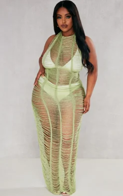 Plus Khaki Tassel Knit Beach Dress