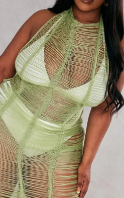 Plus Khaki Tassel Knit Beach Dress