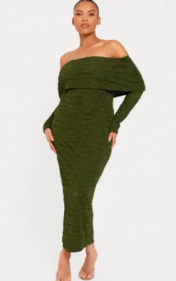 Plus Khaki Textured Fold Over Bardot Midi Dress