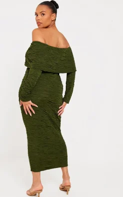 Plus Khaki Textured Fold Over Bardot Midi Dress