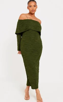 Plus Khaki Textured Fold Over Bardot Midi Dress