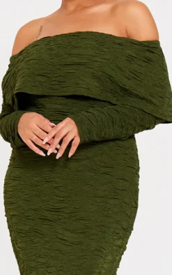 Plus Khaki Textured Fold Over Bardot Midi Dress