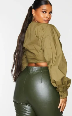 Plus Khaki Tie Front Ruched Blouse