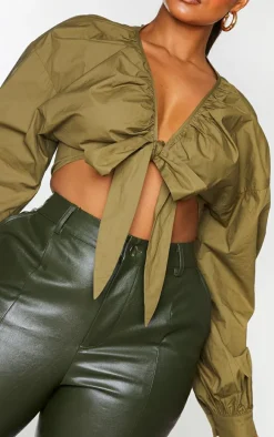 Plus Khaki Tie Front Ruched Blouse