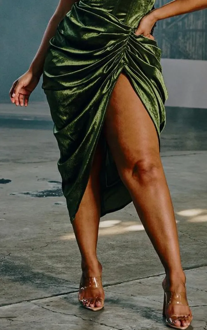 Plus Khaki Velvet Ruched Side Midi Skirt