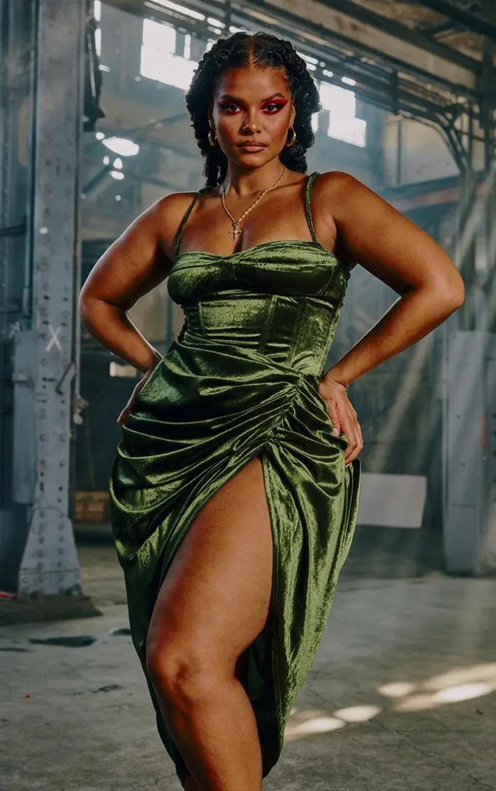 Plus Khaki Velvet Ruched Side Midi Skirt